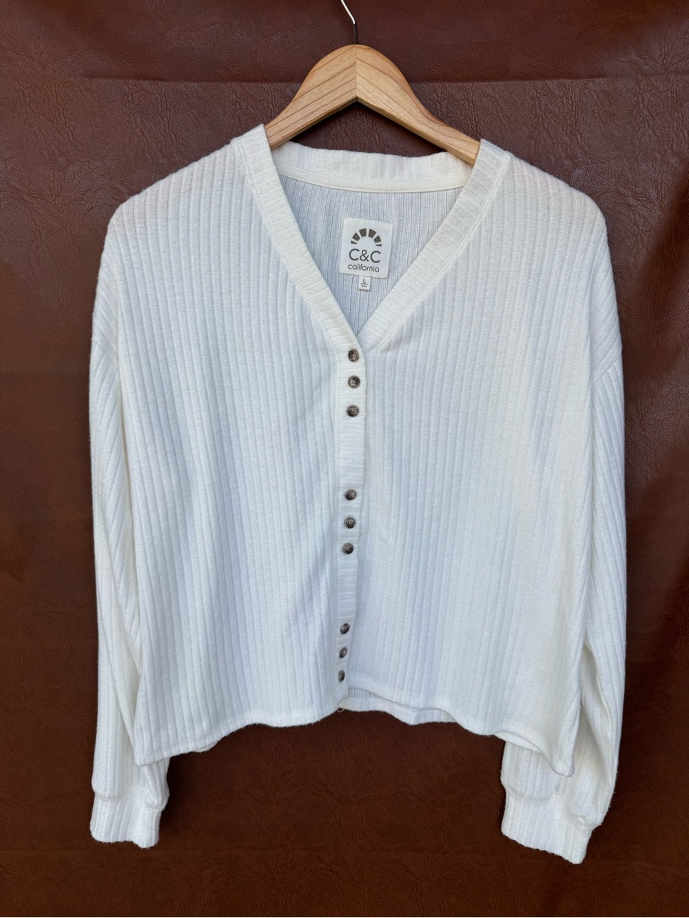 C&C California Ribbed Henley Cardigan White Stretch Soft Size Large